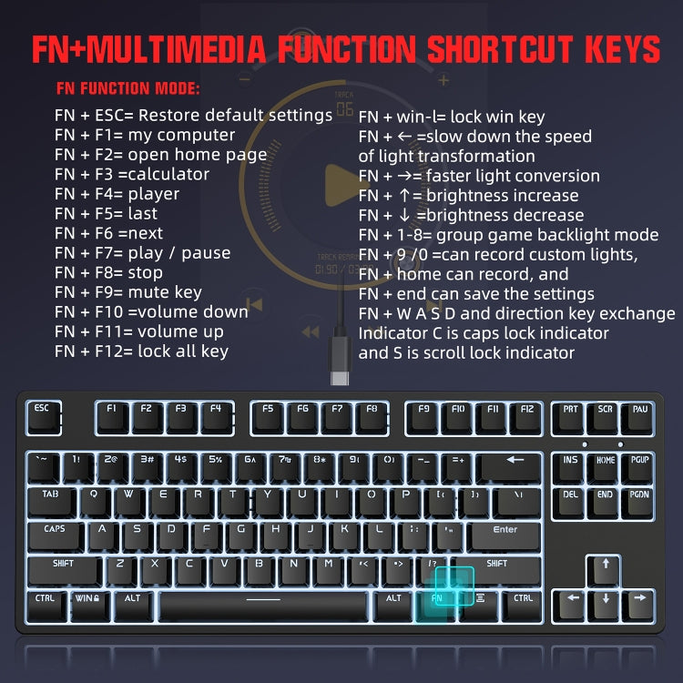 HXSJ L600 87 Keys USB-C / Type-C Wired Red Shaft Mechanical Keyboard with Cool Backlight(Black) by HXSJ