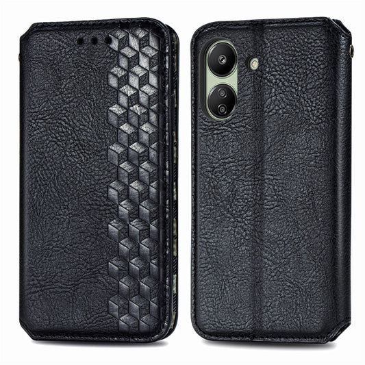 For Xiaomi Redmi 13C Cubic Grid Pressed Magnetic Leather Phone Case(Black) by bashfashion