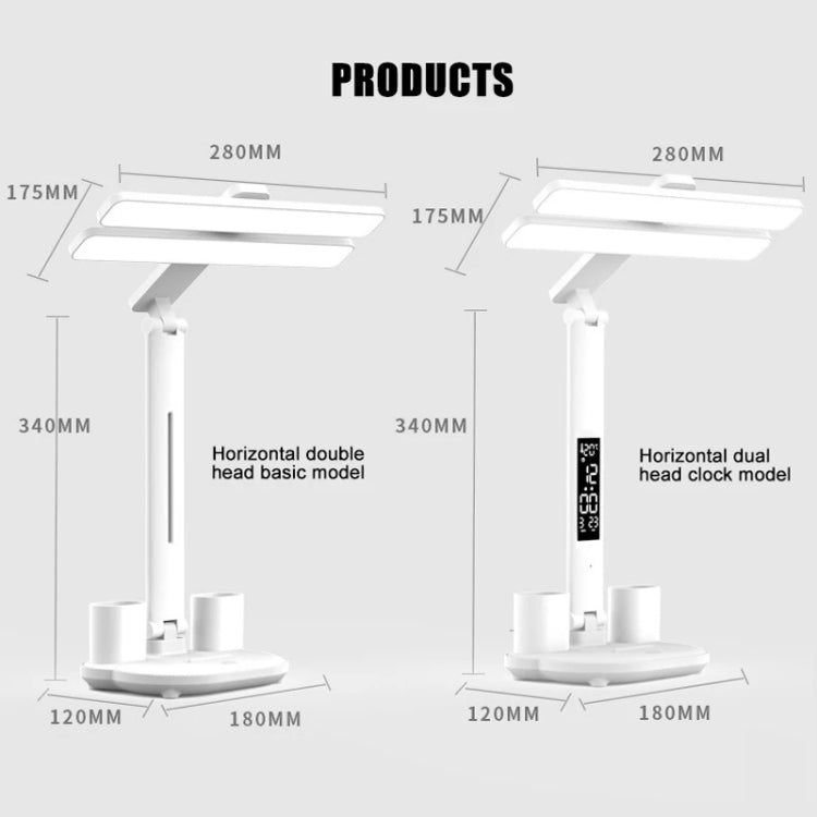 Double Head Horizontal Desk Lamp 3 Light Color Reading Lamp, Spec: Plug-in Fan Clock Model by bashfashion