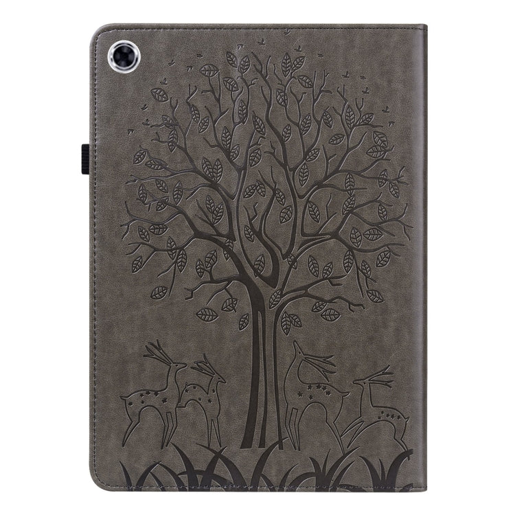 For Samsung Galaxy Tab A9+ Tree & Deer Embossed Leather Tablet Case(Grey) by bashfashion