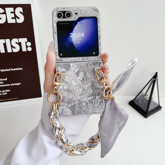For Samsung Galaxy Z Flip5 Embroidery Style DIY Full Coverage Phone Case with Scarf / Bracelet(Grey) by bashfashion