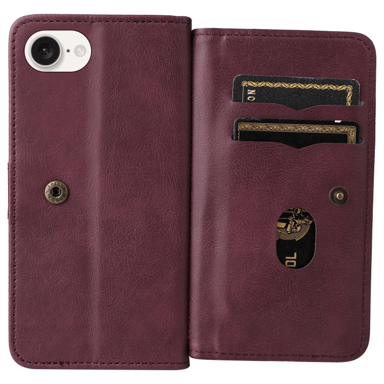 For iPhone 16e Multi-Function Wallet 10 Card Slots Leather Phone Case(Claret) by bashfashion