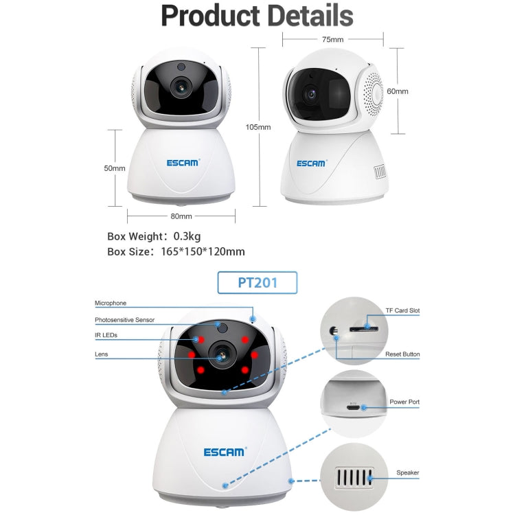 ESCAM PT201 HD 1080P Dual-band WiFi IP Camera, Support Night Vision / Motion Detection / Auto Tracking / TF Card / Two-way Audio, EU Plug by ESCAM