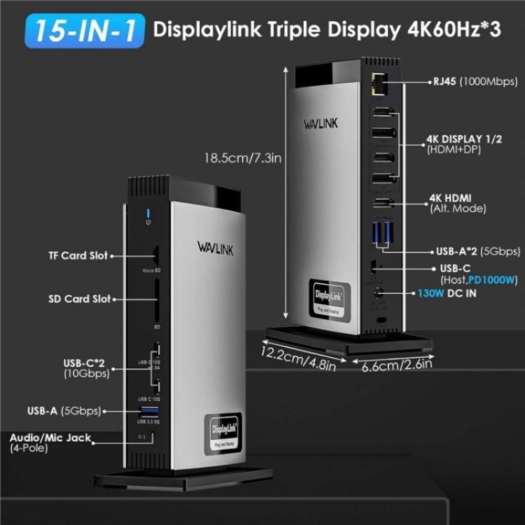WAVLINK WL-UG69PD13Pro DisplayLink Docking Station 15 in 1 USB-C Hub for MacBook Laptop(EU Plug) by WAVLINK