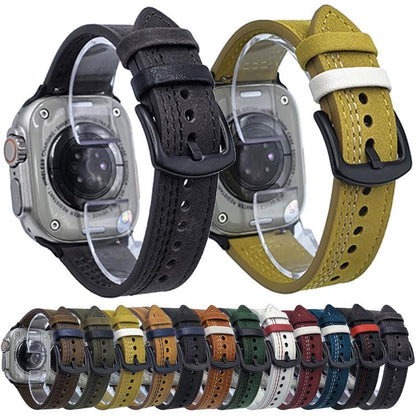 For Apple Watch 42mm / 41mm / 40mm / 38mm 7-Line Tri-Star Buckle Pull Up Leather Watch Band(Burgundy White Thread) by bashfashion