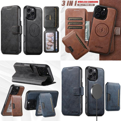 For iPhone 16 Pro Max Suteni Q05S3 3-in-1 Detachable Vertical Flip Wallet MagSafe Leather Phone Case(Black) by Suteni