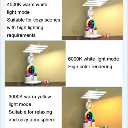 4 Heads Horizontal LED Eye-Care Table Lamp Children Study Desktop Reading Light With Pen Holder, Style: Fan Clock Rechargeable 2000mAh by bashfashion