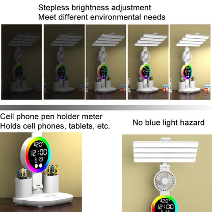 4 Heads Horizontal LED Eye-Care Table Lamp Children Study Desktop Reading Light With Pen Holder, Style: Fan Clock Rechargeable 2000mAh by bashfashion