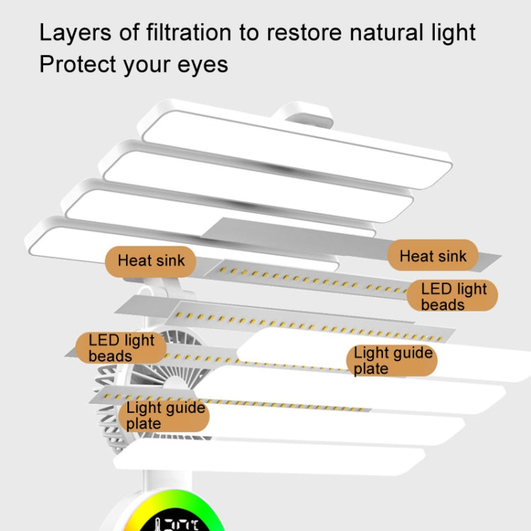4 Heads Horizontal LED Eye-Care Table Lamp Children Study Desktop Reading Light With Pen Holder, Style: Fan Clock Rechargeable 2000mAh by bashfashion
